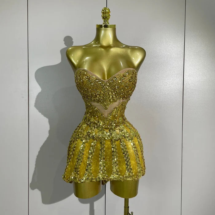 Joie luxury sexy sparkling gold diamonds sheer mesh mini dress for women party night out