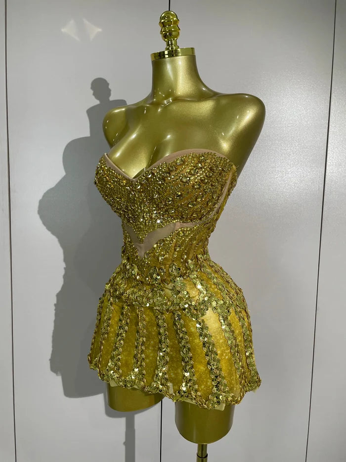 Joie luxury sexy sparkling gold diamonds sheer mesh mini dress for women party night out