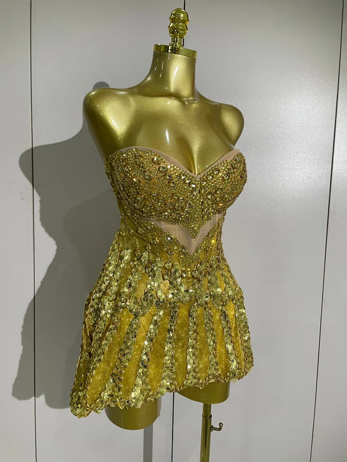 Joie luxury sexy sparkling gold diamonds sheer mesh mini dress for women party night out