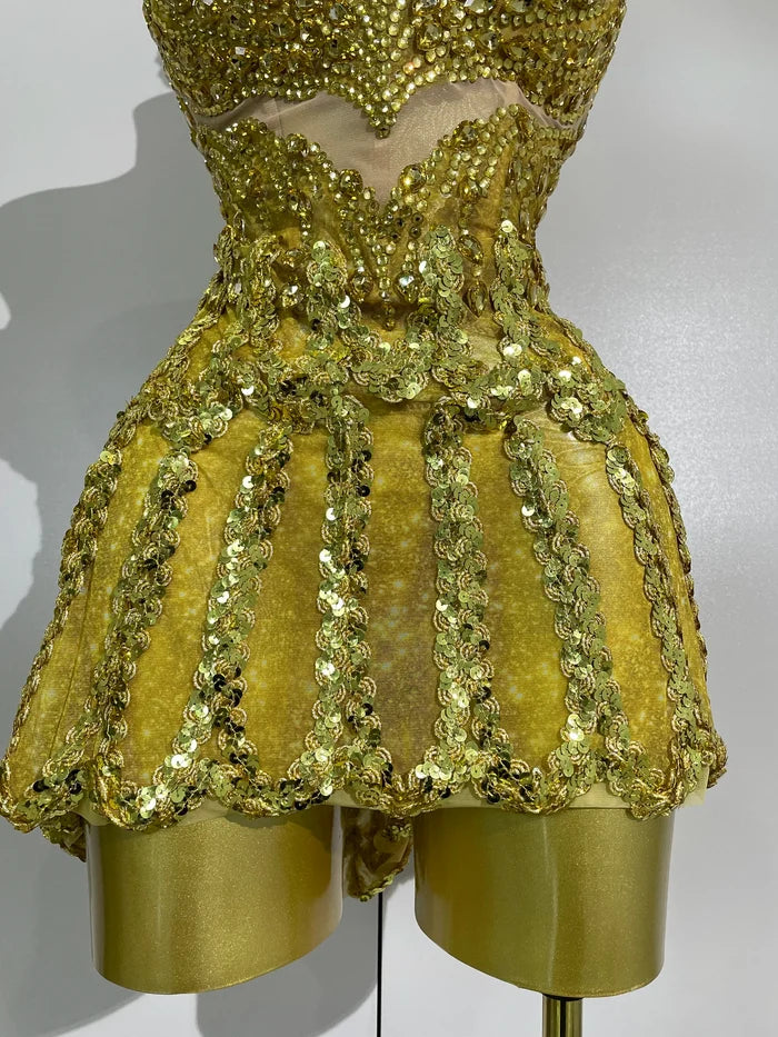 Joie luxury sexy sparkling gold diamonds sheer mesh mini dress for women party night out