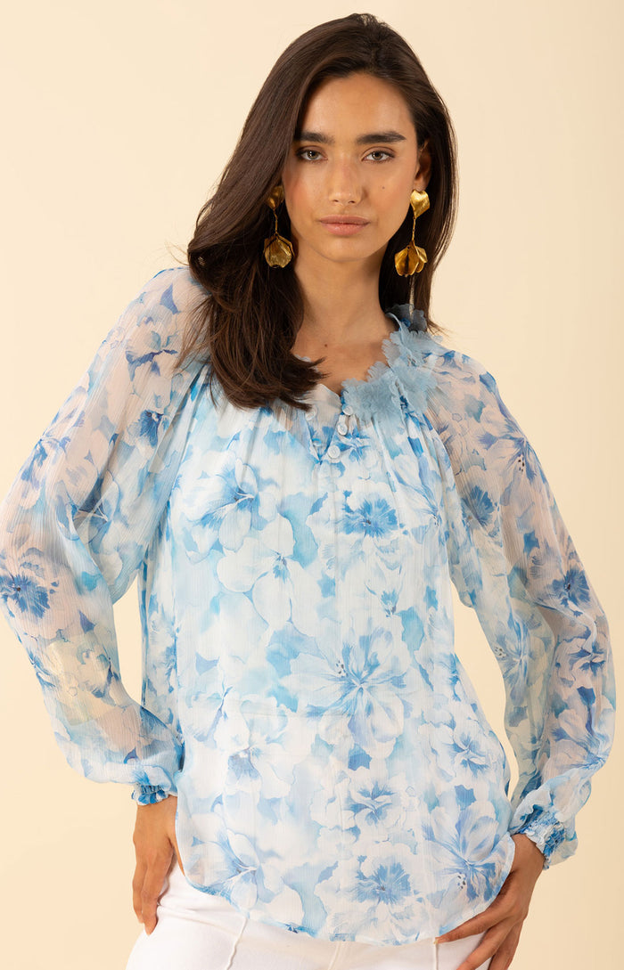 Jolie Floral Silk Top, color-blue