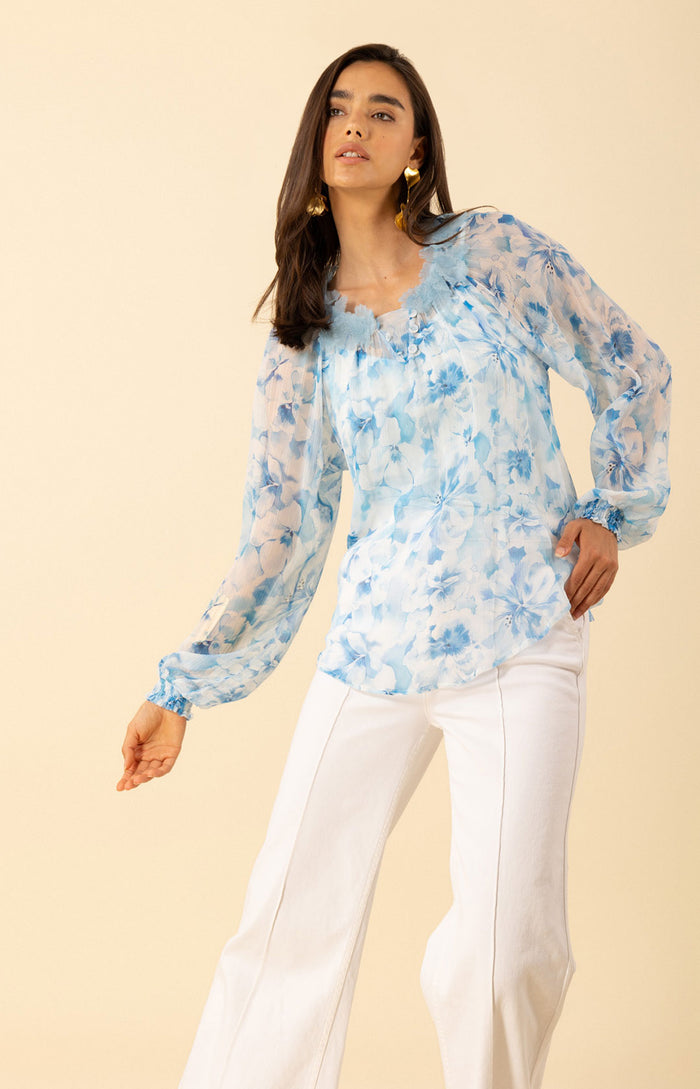 Jolie Floral Silk Top, color-blue