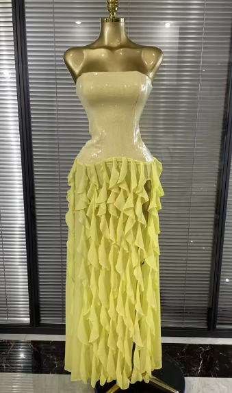 Judy Sleeveless Sequin Ruffle Slim Evening Dress
