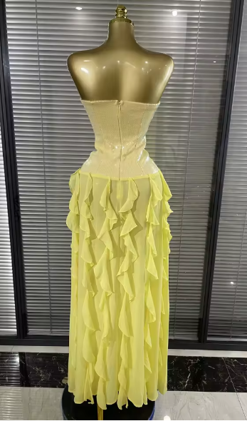 Judy Sleeveless Sequin Ruffle Slim Evening Dress