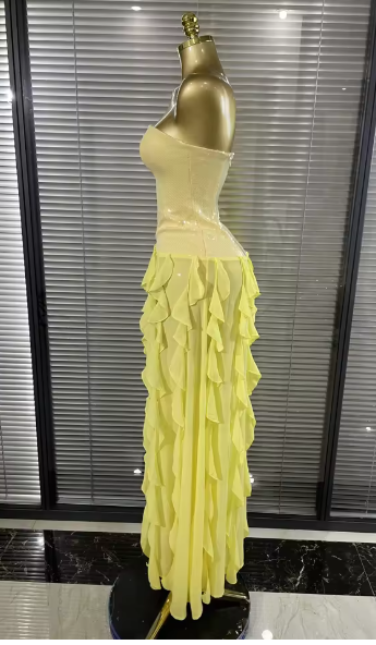 Judy Sleeveless Sequin Ruffle Slim Evening Dress