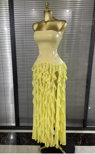 Judy sleeveless sequin ruffle bodycon dress for women. Elegant party outfit for birthdays, cocktails, and evening events.