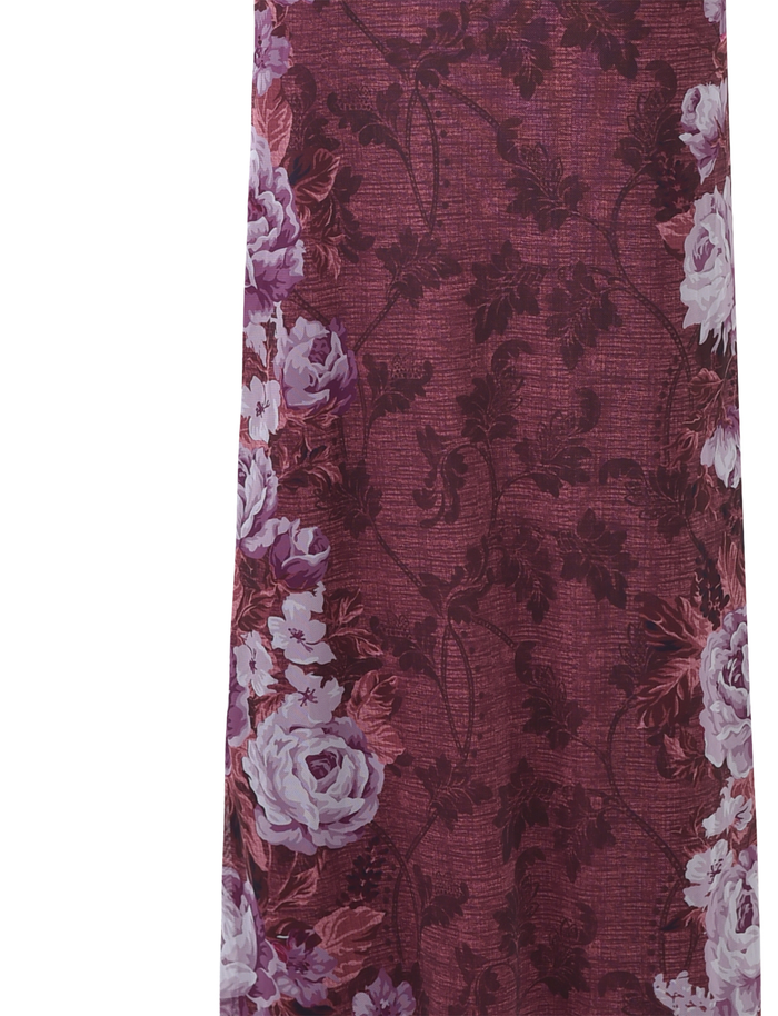 A maroon fabric panel features large light purple roses and leaves in a floral stripe design on a textured background, inspired by the elegant TIGERMIST JULIANNA DRESS - MULTI : FLORAL : ROSE STRIPE.