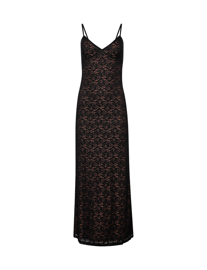 The TIGERMIST JULIANNA LACE DRESS - BLACK is a sleeveless, fitted maxi dress with thin spaghetti straps, a V-neckline, and semi-sheer black lace over a nude underlay.