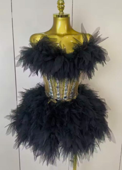 Jynae Backless Strap Mesh Fluffy Skirt 2 Pieces Diamond Sequins