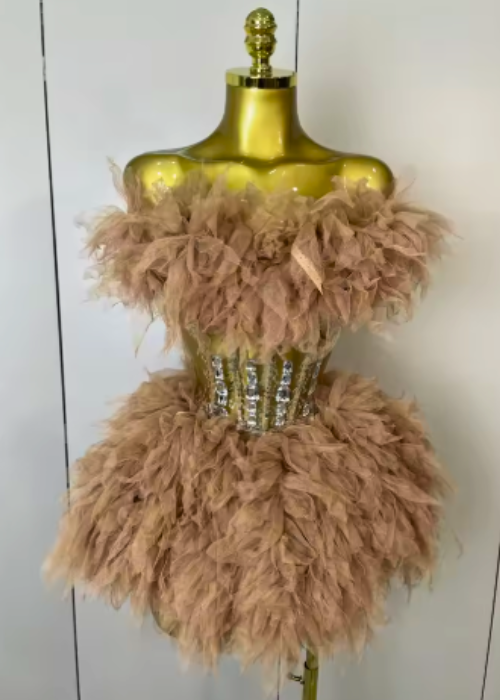 Jynae Backless Strap Mesh Fluffy Skirt 2 Pieces Diamond Sequins