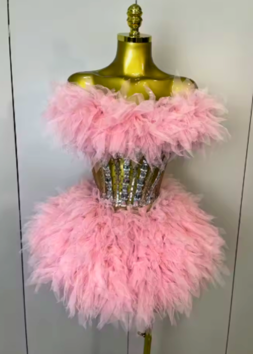 Jynae Backless Strap Mesh Fluffy Skirt 2 Pieces Diamond Sequins