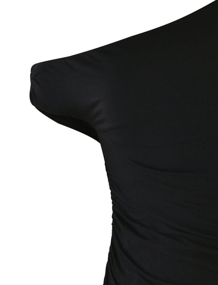 Close-up of a person wearing a black, short-sleeved KADENCE TOP by TIGERMIST, captured from the back. The image focuses on the shoulder, upper arm, and part of the back, showcasing the texture and fit of the fabric.