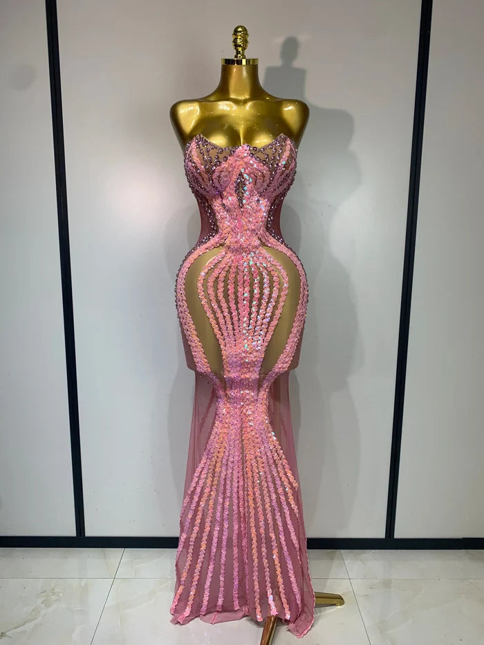 Kalia strapless bodycon mini dress encrusted with sparkly rhinestones and sequins for a luxury birthday outfit.