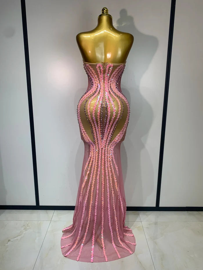 Kalia strapless bodycon mini dress encrusted with sparkly rhinestones and sequins for a luxury birthday outfit.