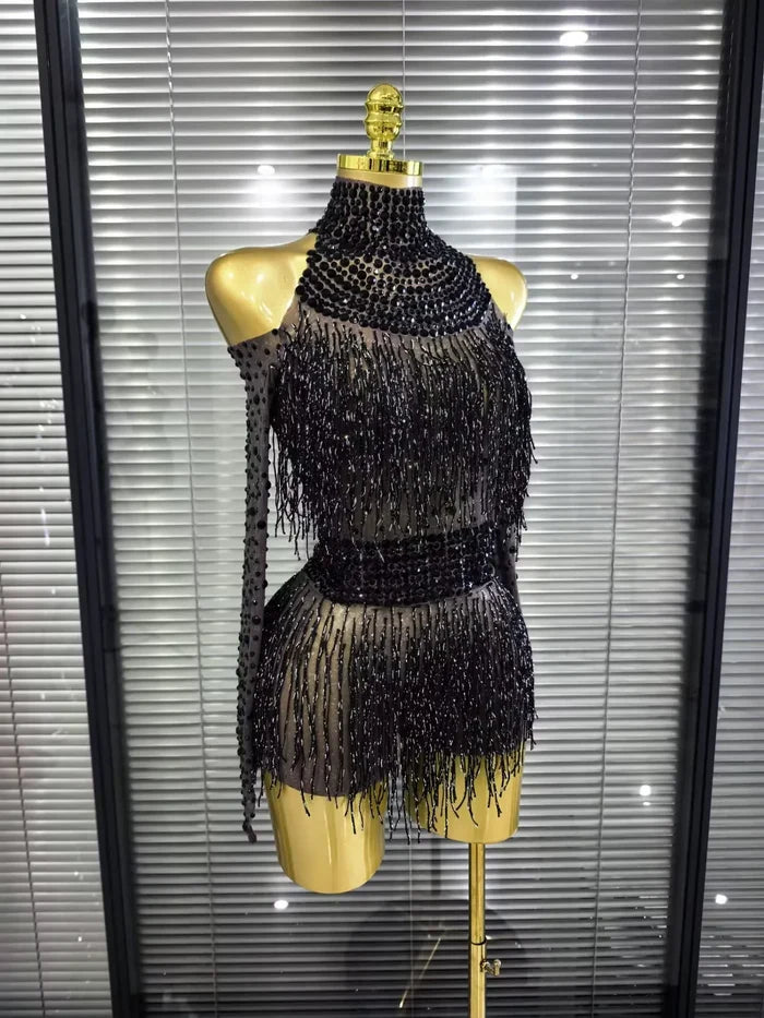Kanisha long sleeve off-shoulder tassel bodycon dress for night-out and party styling