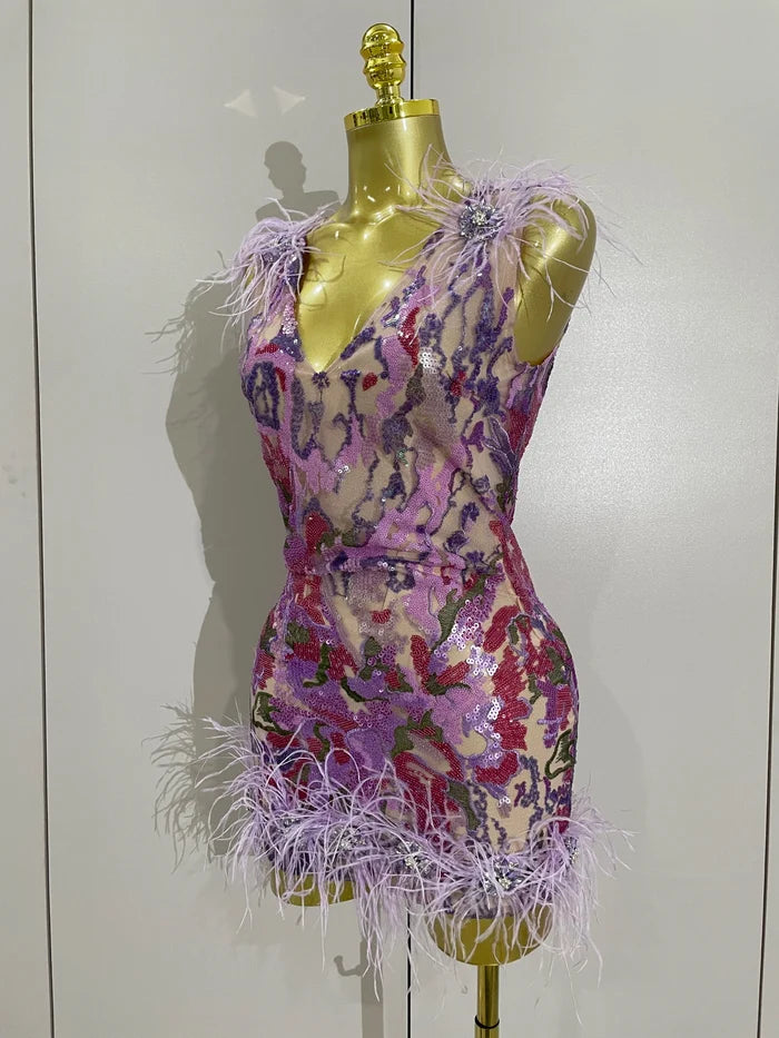 Celebrate in style with the Karina rhinestone feather embroidered bodycon dress. Elegant party dress for birthdays, cocktails, and special events.