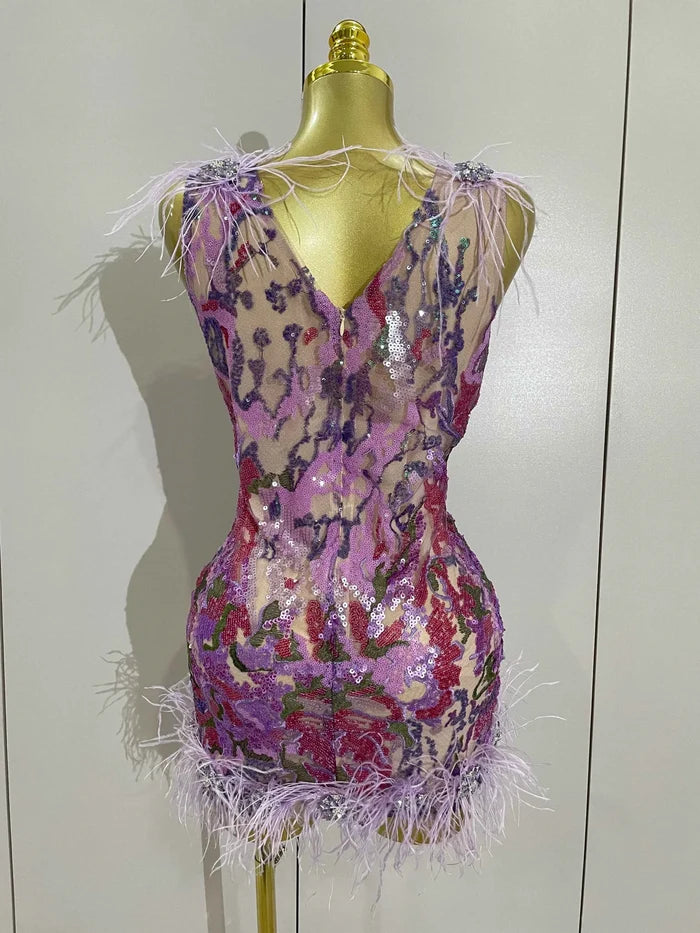 Karina Luxury Sparkly Rhinestone Feather Embroidered Bodycon Dress for Women