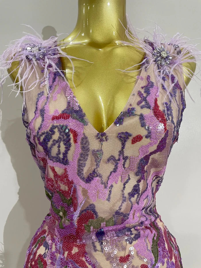 Celebrate in style with the Karina rhinestone feather embroidered bodycon dress. Elegant party dress for birthdays, cocktails, and special events.
