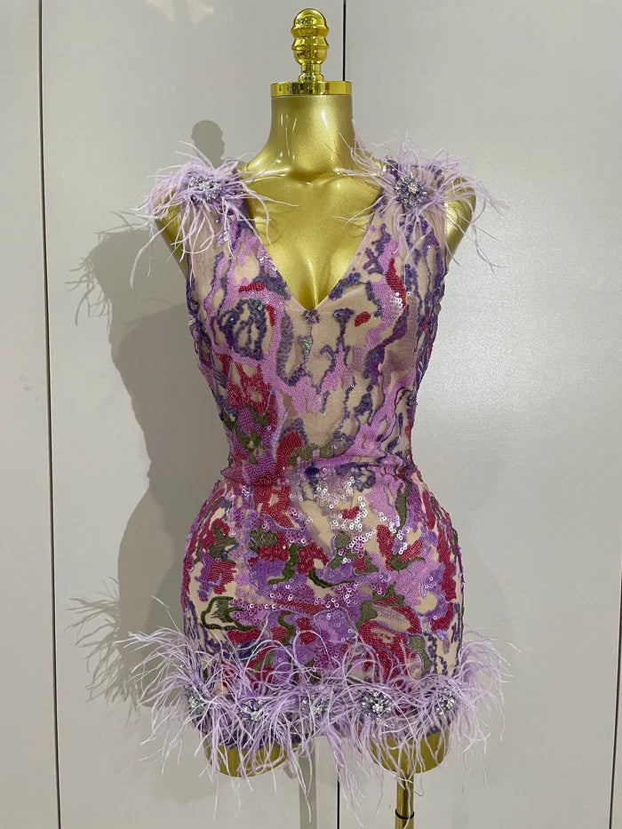Celebrate in style with the Karina rhinestone feather embroidered bodycon dress. Elegant party dress for birthdays, cocktails, and special events.