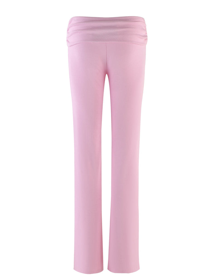 Displayed flat, the KARINA PANT - PINK : BLUSH from TIGERMIST is a pair of light pink, high-waisted pants featuring a wide waistband and slim, straight legs. The fabric appears to be soft and slightly stretchy, designed for comfort and offering a relaxed fit.