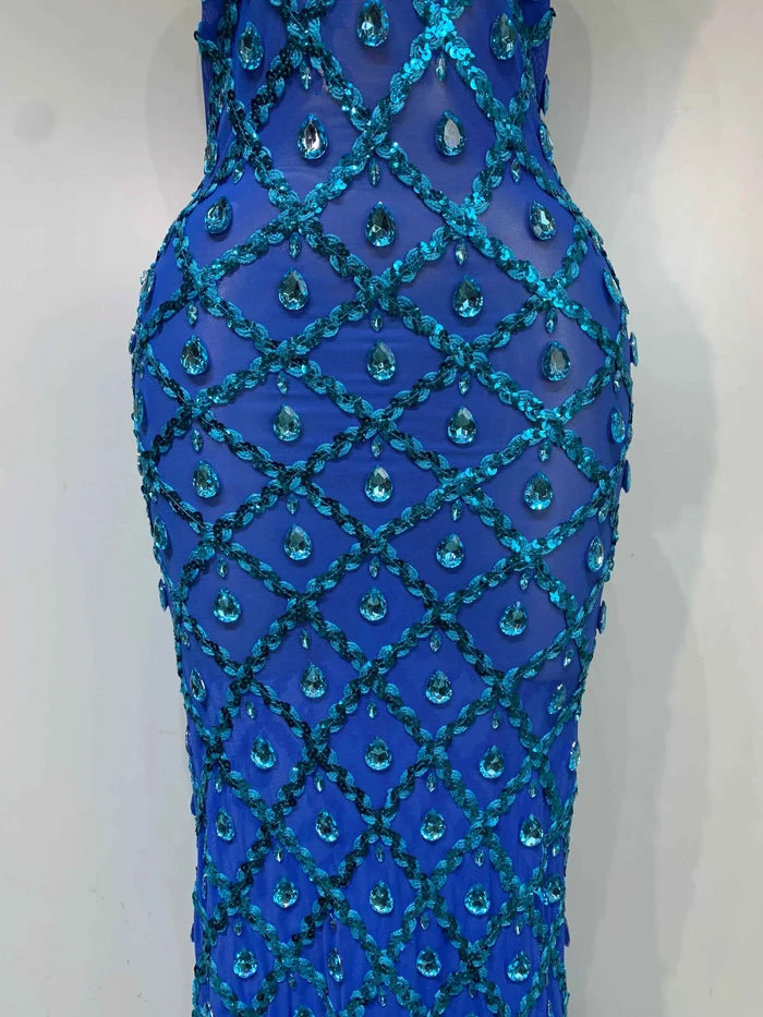 Kate Sparkly Rhinestone Backless Mesh Long Dress