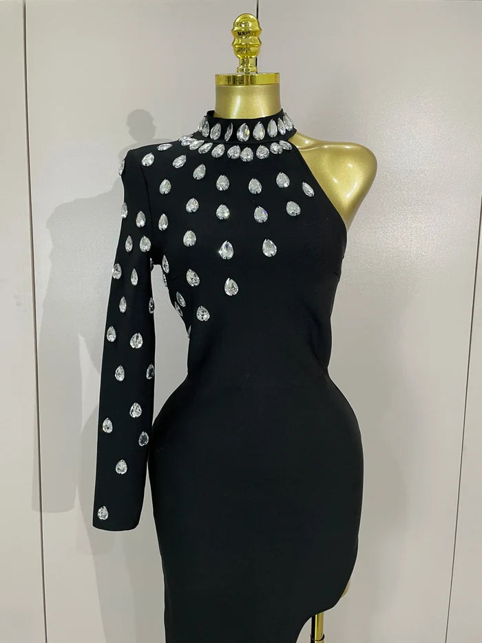 Kayla sexy one-shoulder rhinestone black long bodycon bandage dress