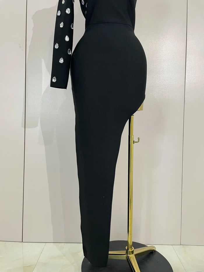 Kayla sexy one-shoulder rhinestone black long bodycon bandage dress