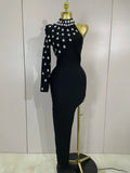 Kayla sexy one-shoulder rhinestone black long bodycon bandage dress