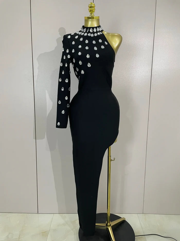 Kayla sexy one-shoulder rhinestone black long bodycon bandage dress