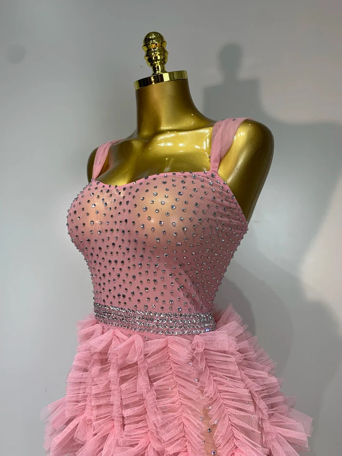 Kaylene rhinestone mesh maxi dress with backless design. Sexy sheer luxury outfit for birthdays, parties, stage events, and evening glam looks.