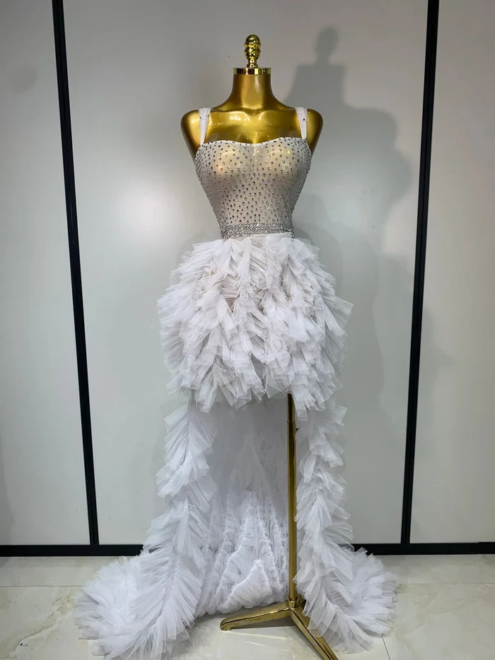 Kaylene rhinestone mesh maxi dress with backless design. Sexy sheer luxury outfit for birthdays, parties, stage events, and evening glam looks.