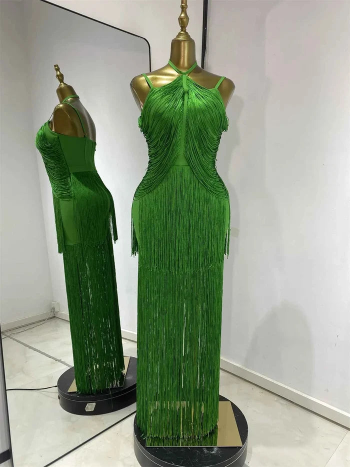 Keilahni Green Fringed Bandage Bodycon Dress Sleeveless