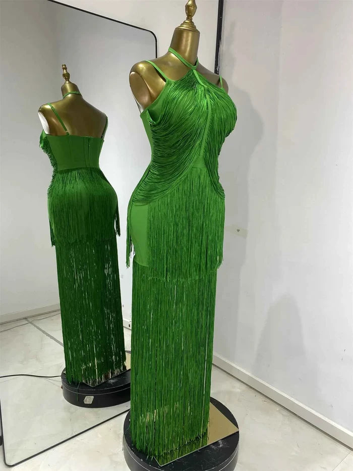 Keilahni Green Fringed Bandage Bodycon Dress Sleeveless
