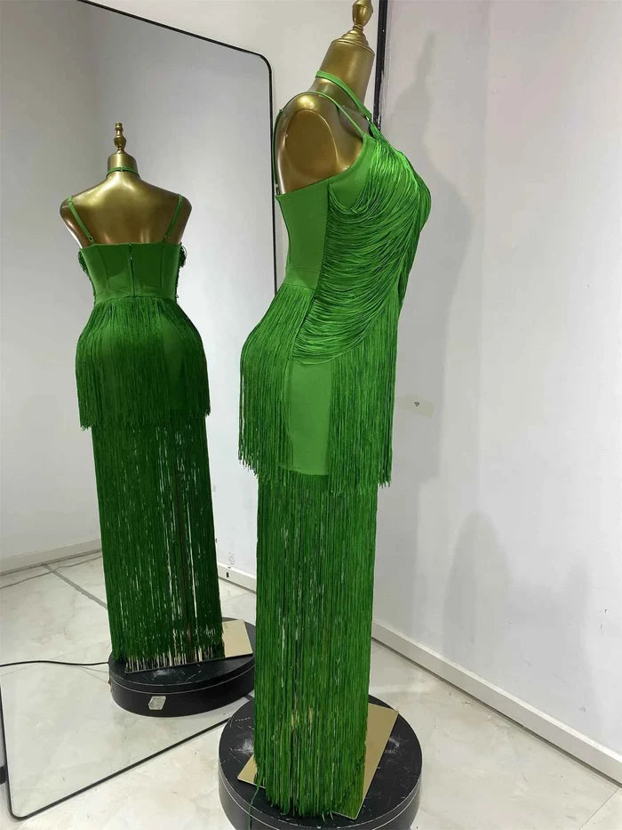 Keilahni Green Fringed Bandage Bodycon Dress Sleeveless