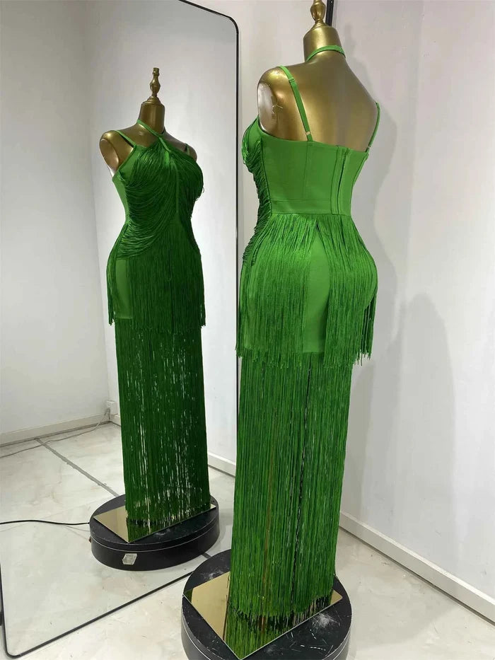 Keilahni Green Fringed Bandage Bodycon Dress Sleeveless