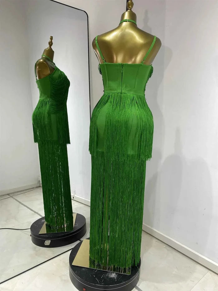 Keilahni Green Fringed Bandage Bodycon Dress Sleeveless