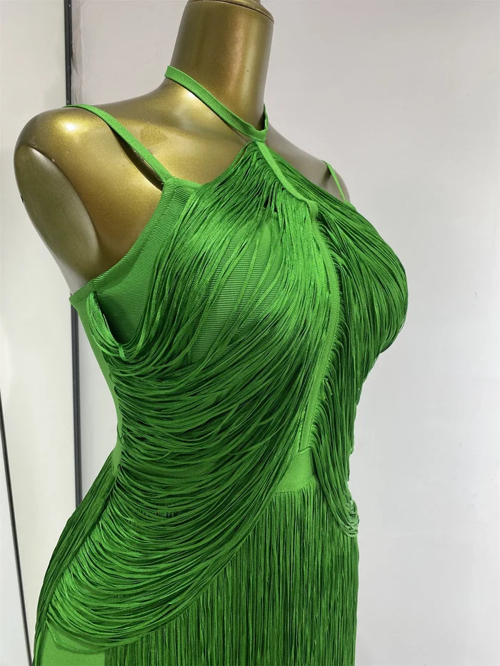 Keilahni green fringed sleeveless bandage bodycon dress for party and nightclub styling