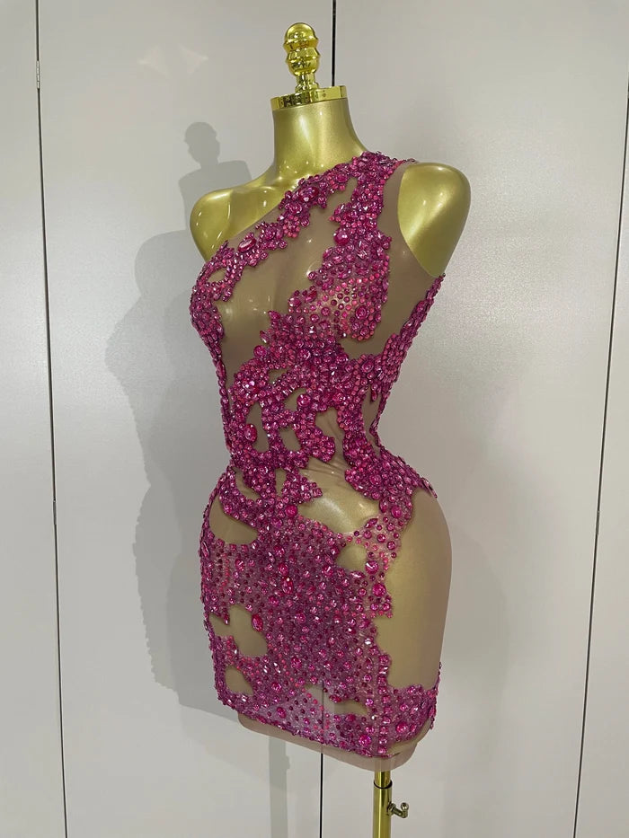 Kelly sexy one shoulder sparkly rhinestone mesh see through mini dress