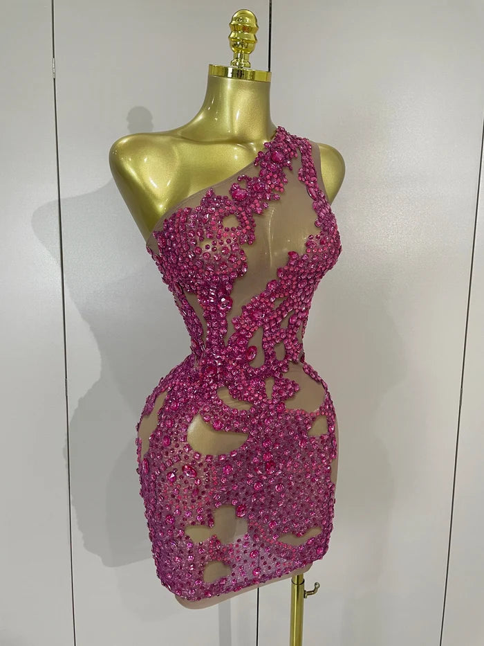 Kelly sexy one shoulder sparkly rhinestone mesh see through mini dress