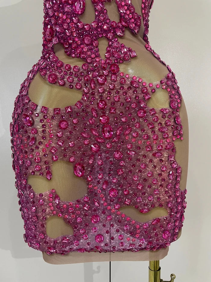 Kelly sexy one shoulder sparkly rhinestone mesh see through mini dress