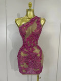 Kelly sexy one shoulder sparkly rhinestone mesh see through mini dress