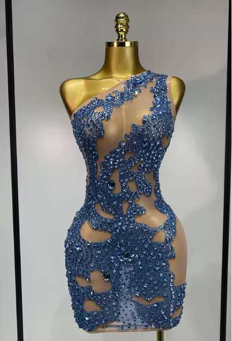 Kelly Sexy One Shoulder Sparkly Rhinestone Mesh See-Through Mini Dress