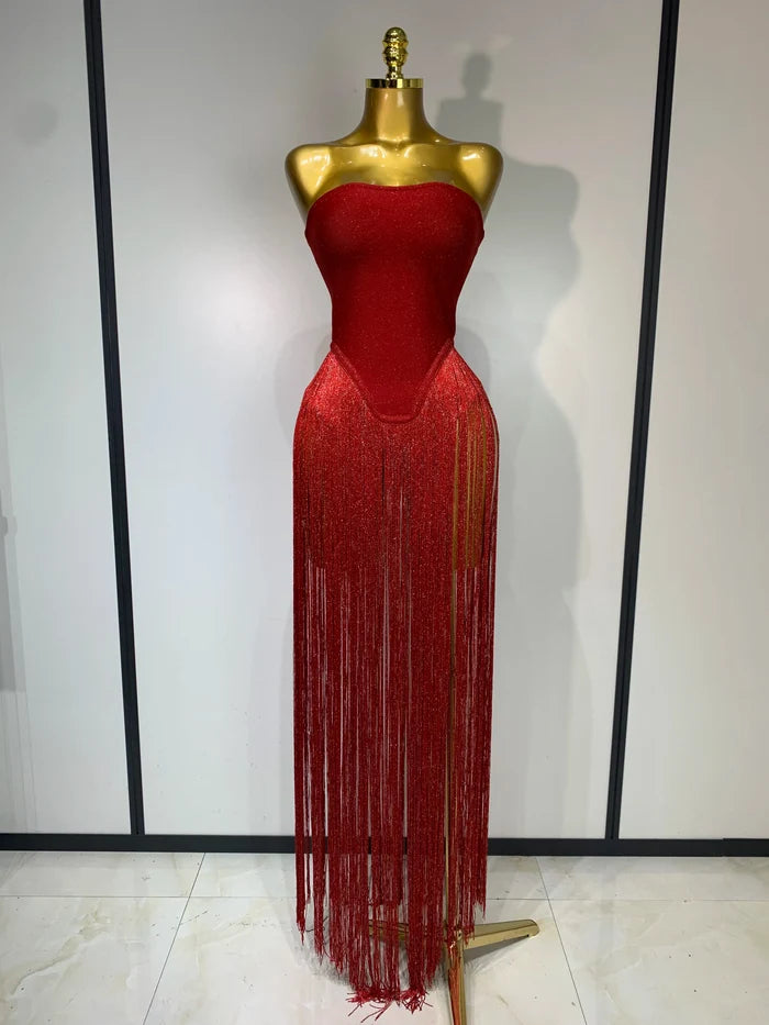 Kendra strapless tassel patchwork bandage bodysuit for women, sexy high street evening party and nightclub style outfit.