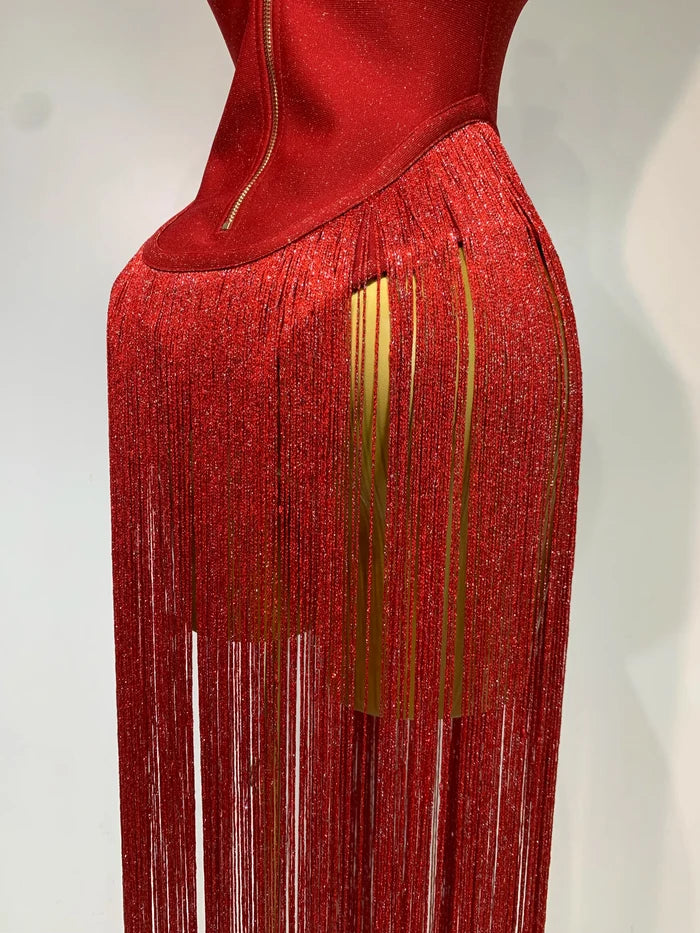 Kendra strapless tassel patchwork bandage bodysuit for women, sexy high street evening party and nightclub style outfit.