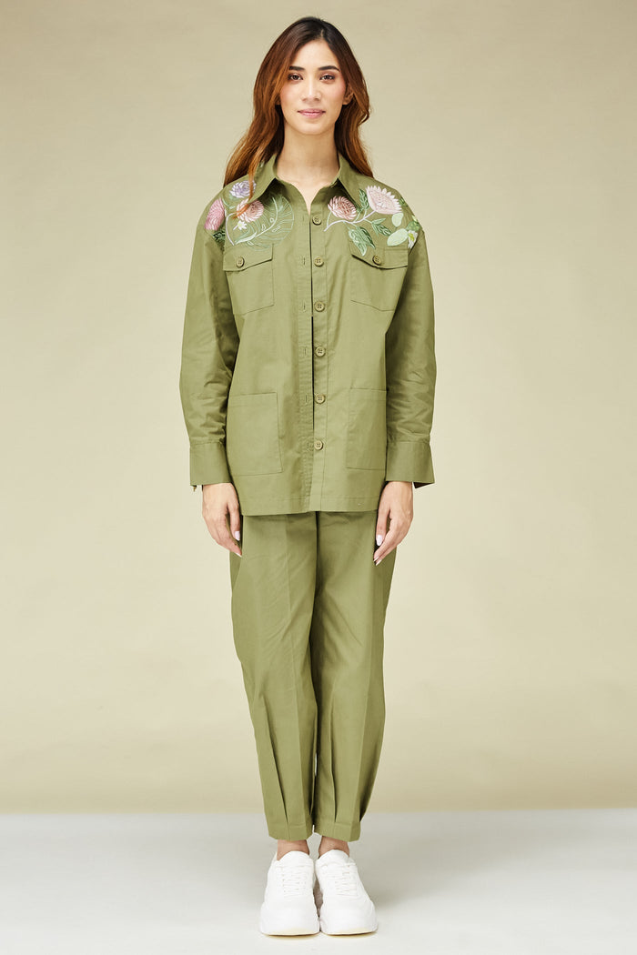 Women Clothing floral green oversized khaki shirt