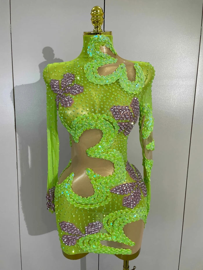 Kharla Sparkly Diamonds Sequin Long Sleeves Mesh Transparent Mini Dress