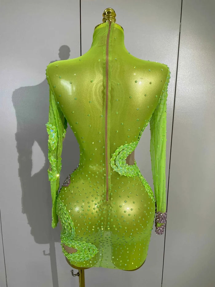 Kharla Sparkly Diamonds Sequin Long Sleeves Mesh Transparent Mini Dress