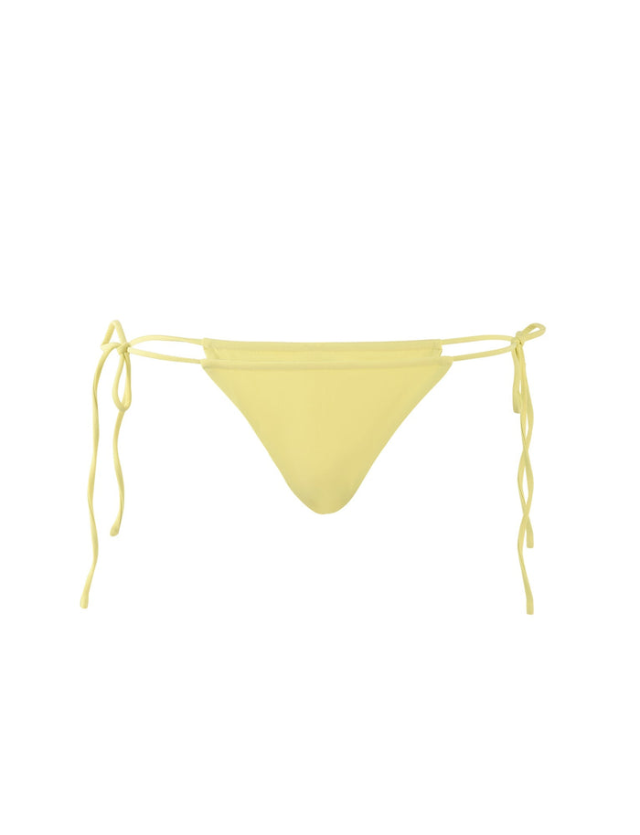 The KHESSA BIKINI BOTTOM - YELLOW : LEMON from TIGERMIST features tie strings on both sides and is showcased against a plain white background. This design is simple, with minimal coverage and a seamless finish.