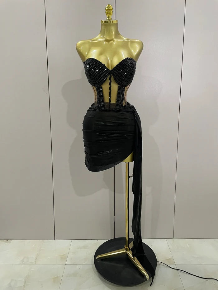 Khloe black sparkly rhinestone two piece mini dress sexy bodycon outfit for birthday party and club wear