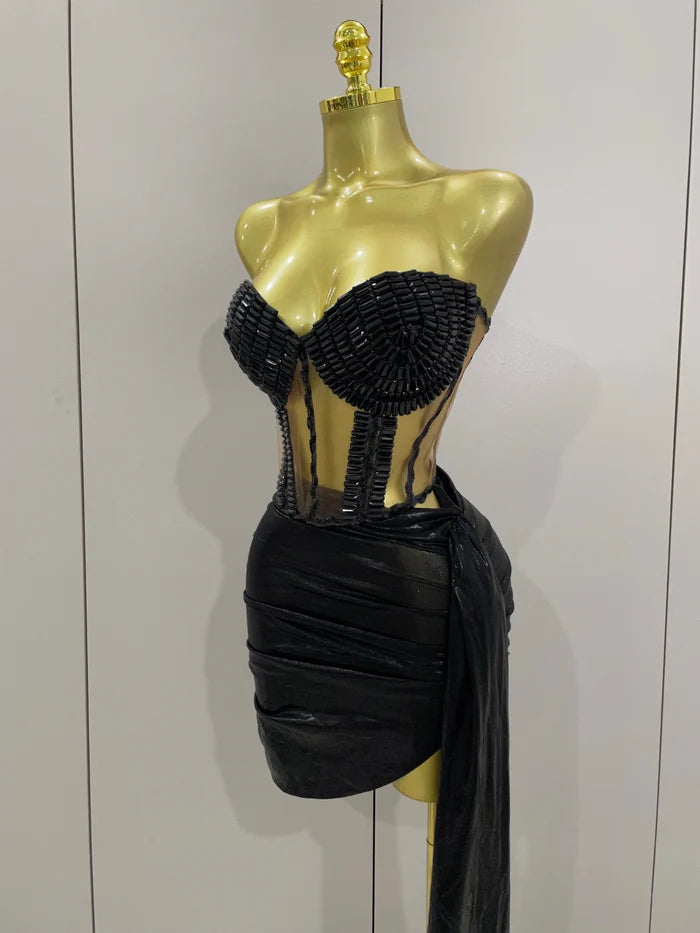 Khloe black sparkly rhinestone two piece mini dress sexy bodycon outfit for birthday party and club wear